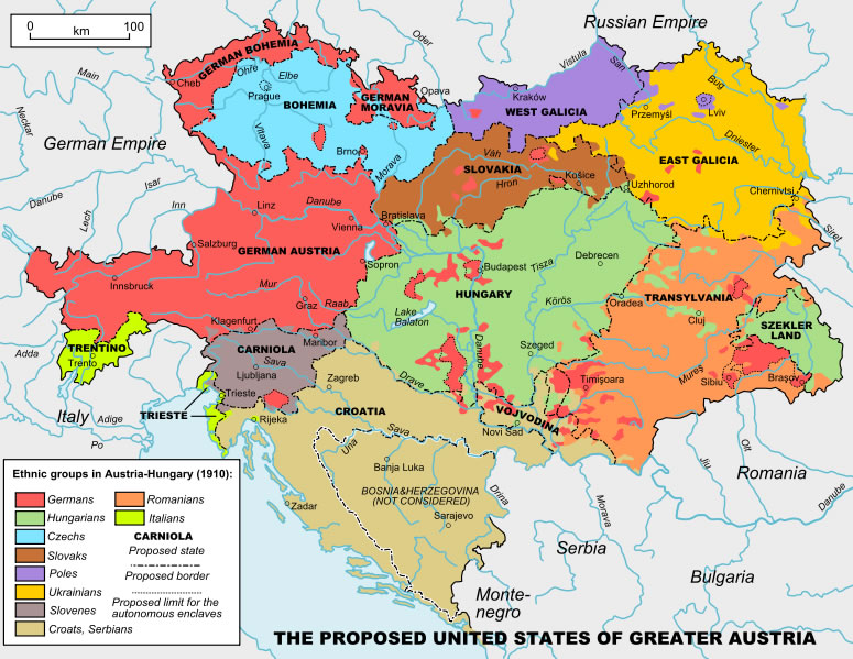 Harta Austro-Ungariei cu propunerea de federalizare de la 1918